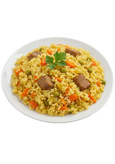 Isolated Pilaf Rice with Meat Carrots and Peas on Plate Background