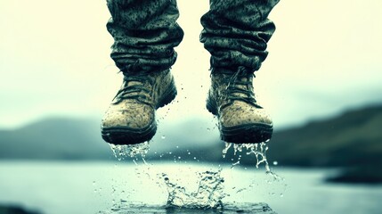 Jumping feet over water. Wet splash on a misty, blurred lake nature backdrop