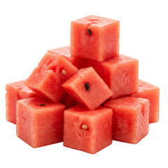 Isolated Pile of Fresh Red Watermelon Cubes on Transparent Background