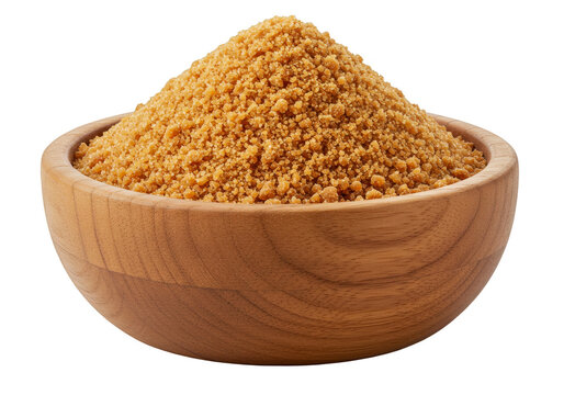 Isolated Pile of Brown Sugar in Wooden Bowl with Transparent Background