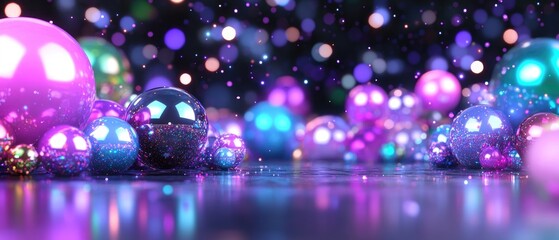 Spherical forms of varying sizes and iridescent colors rest on a reflective surface amidst bokeh lighting