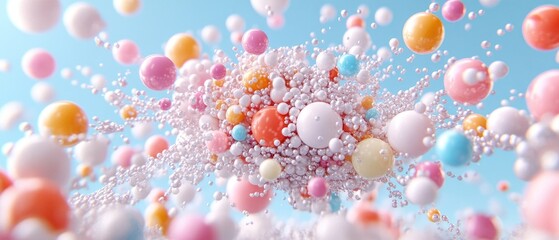 Colorful spherical explosion against a light blue backdrop