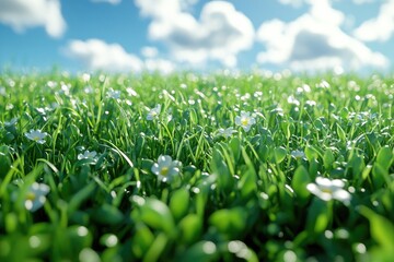 Lush green grass with tiny white flowers