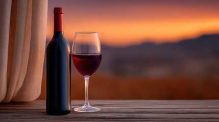 Fototapeta premium Elegant red wine bottle and glass beautifully presented against a warm sunset backdrop showcasing serene moments of relaxation and tranquility perfect for romantic evenings