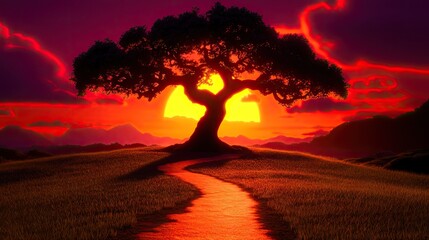 Epic sunset, lone tree, winding path