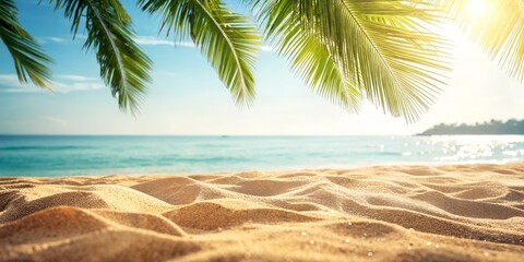A serene beach scene with palm leaves, ocean, and bright sunshine.