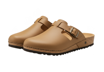 Isolated PNG Footwear Brown Leather Clogs with Buckle On Transparent Background
