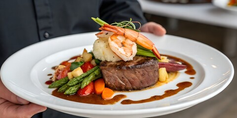 A waiter presents a beautifully plated gourmet meal with steak and shrimp.