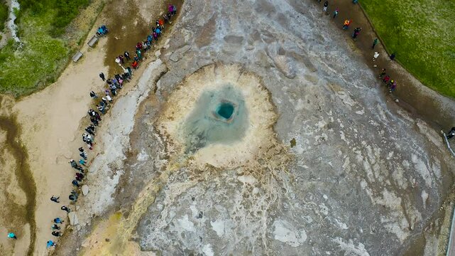 Aerial view of a  Geyser Strokkur located in a geothermal area beside the Hv&iacute;t&aacute; River in the southwest part of Iceland.