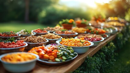 Outdoor buffet with colorful food, and garden party.