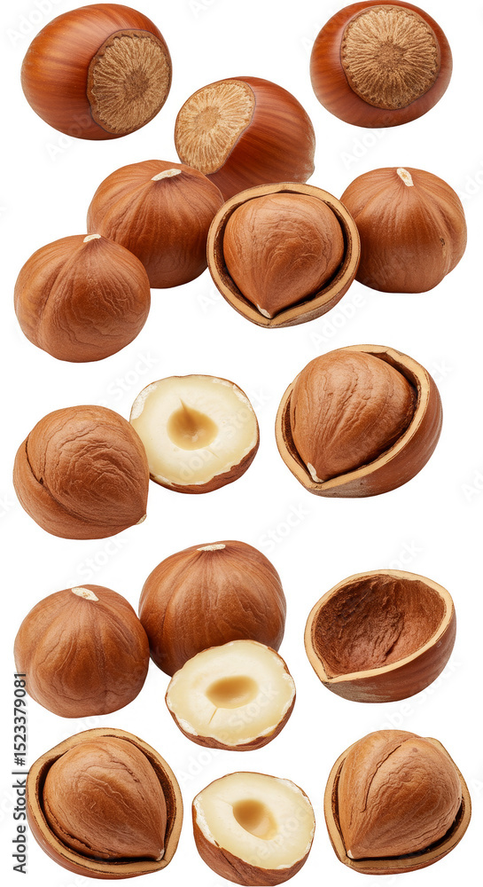 Poster realistic png image of hazelnuts group isolated in transparent background