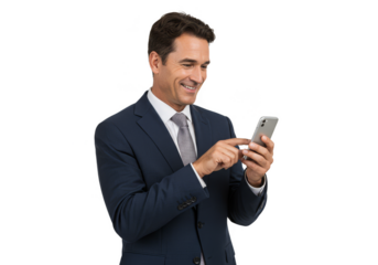 Isolated Portrait of a Man in Suit Holding Smartphone on Transparent