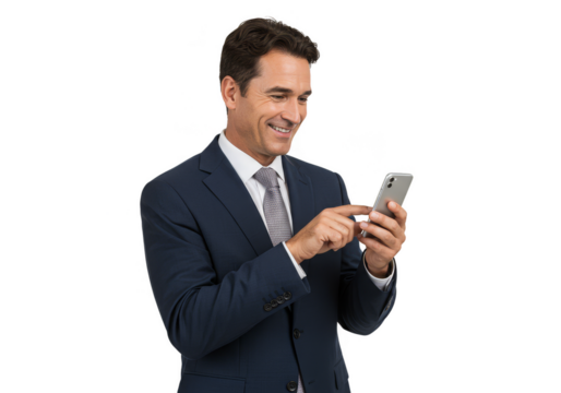Isolated Portrait of a Man in Suit Holding Smartphone on Transparent