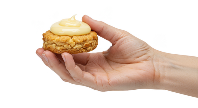 Isolated Hand Holding Delicious Creamy Topped Pastry Dessert on Transparent