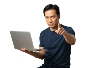 Isolated Portrait of Man Pointing Finger Holding Laptop with Transparency