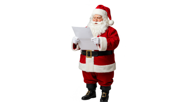 Santa Claus Reads Letter in Costume Isolated on Transparent Background