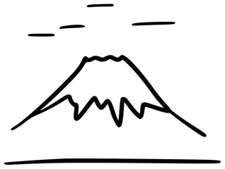 Stylized black outline Mount Fuji with clouds.