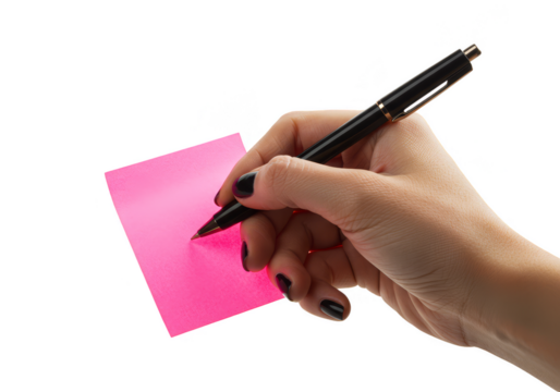 Isolated Hand Writing Note on Pink Paper with Pen on Transparent