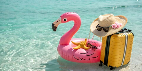 Pink flamingo floatie and suitcase on a beach, ready for a summer vacation.