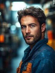 Obraz premium Portrait of Handsome Skilled Worker with Confident Gaze in Industrial Warehouse Setting