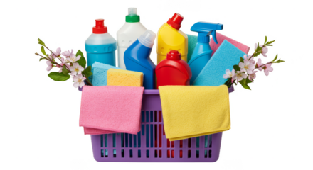 Transparent Background Cleaning Supplies Basket with Towels and Flowers