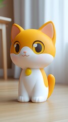 Adorable cartoon cat figurine on a light-colored wooden surface.