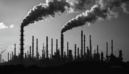 Industrial facility silhouette against a gray sky, emitting smoke.