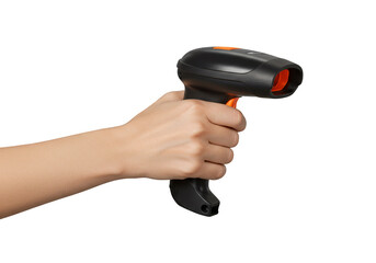 Isolated Shot of Hand Holding Black And Orange Scanner On Transparent Background