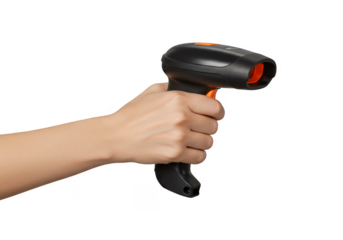 Isolated Shot of Hand Holding Black And Orange Scanner On Transparent Background