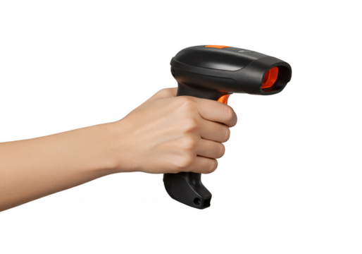 Isolated Shot of Hand Holding Black And Orange Scanner On Transparent Background