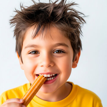  A joyful close-up of a smiling child savoring a churro on a bright white background, capturing a moment of pure delight.