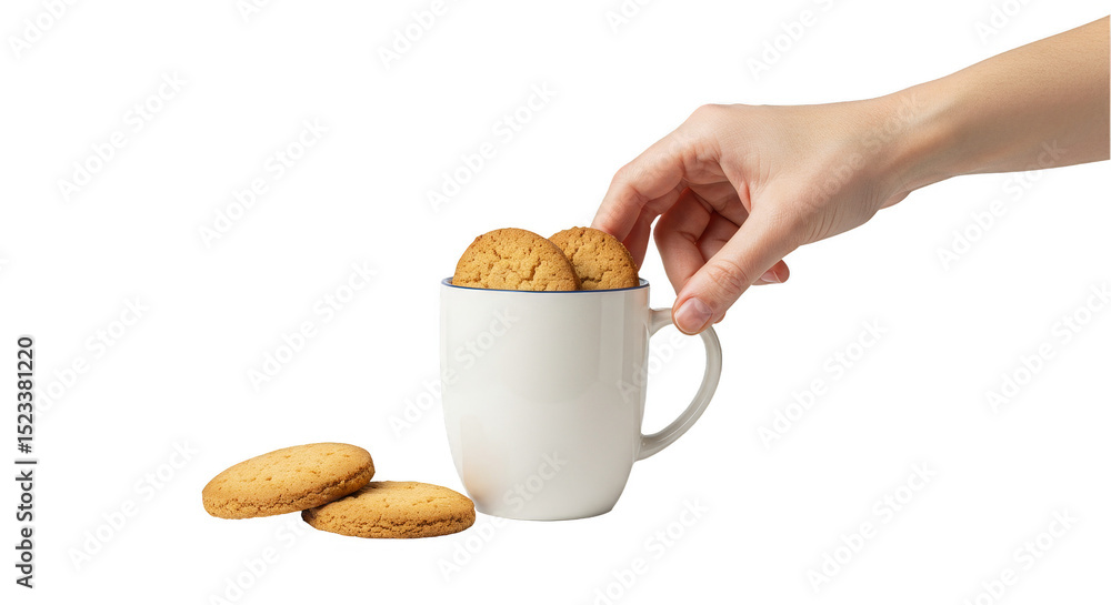 Poster isolated image hand picking cookie from mug on transparent background