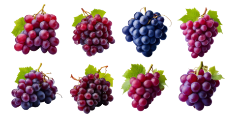 Diverse Selection of Fresh Grapes in Various Colors and Types, Isolated on Transparent, white background