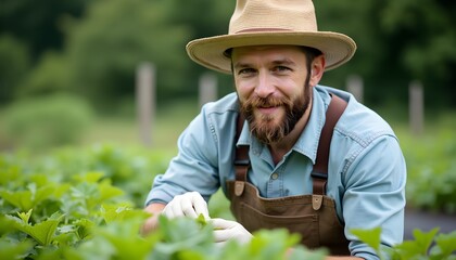 A man with a beard wearing a straw hat and overalls in a vegetable garden