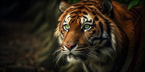 Fototapeta premium Majestic Bengal Tiger Glares Through Jungle Foliage Showcasing Nature's Power