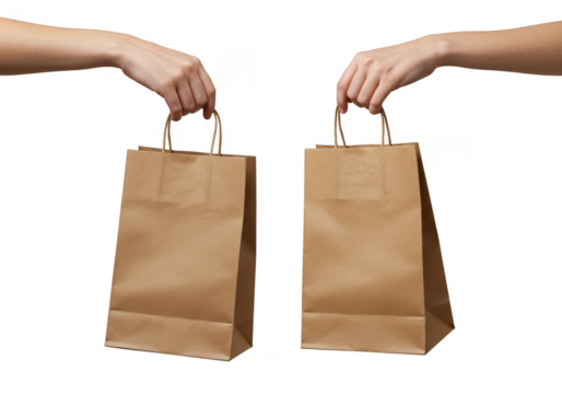 Isolated Image of Hands Holding Brown Paper Shopping Bags On Transparent