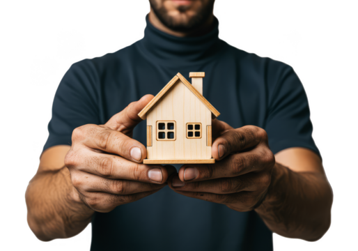 Isolated Image of House Model in Man's Hands on Transparent Background