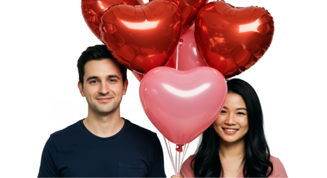 Portrait Of A Couple With Love Heart Balloons On Transparent Background