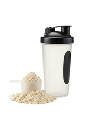 Isolated Still Life of Protein Powder Scoop with Shaker Bottle