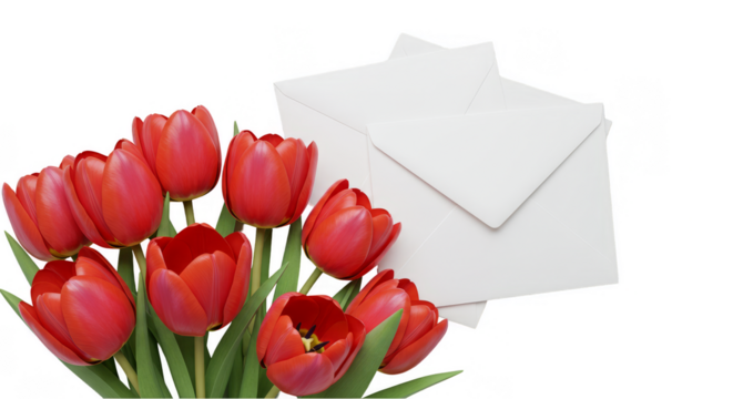Isolated Still Life of Red Tulips with White Envelope on Transparent