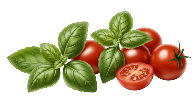 Isolated Still Life Tomatoes and Basil Leaves with Transparent Background