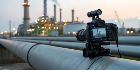 Camera captures detailed view of an oil pipeline in an industrial landscape highlighting energy infrastructure