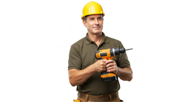 Realistic Image Construction Worker in Hard Hat Holding a Drill