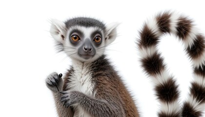 Fototapeta premium Close-up of a ring-tailed lemur against a white background.