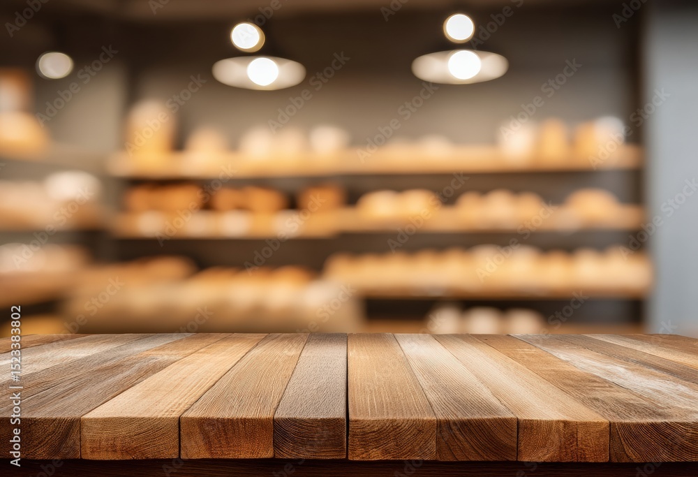 Poster empty wooden table top with blurred bakery background provides ideal space for product placement and