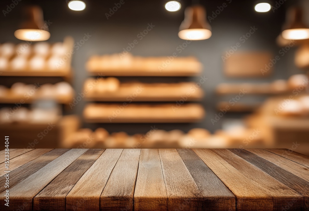 Poster Empty wooden table top with blurred bakery background provides ideal space for product placement and display
