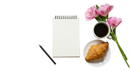 Illustration with Notepad Pink Tulips Coffee and Croissant on Table