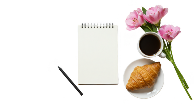 Illustration with Notepad Pink Tulips Coffee and Croissant on Table
