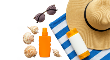 Transparent Background Flatlay with Summer Beach Accessories Vacation
