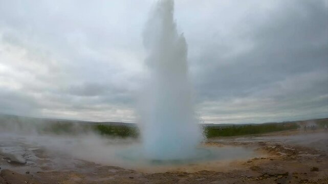 Aerial view of a  Geyser Strokkur located in a geothermal area beside the Hv&iacute;t&aacute; River in the southwest part of Iceland.